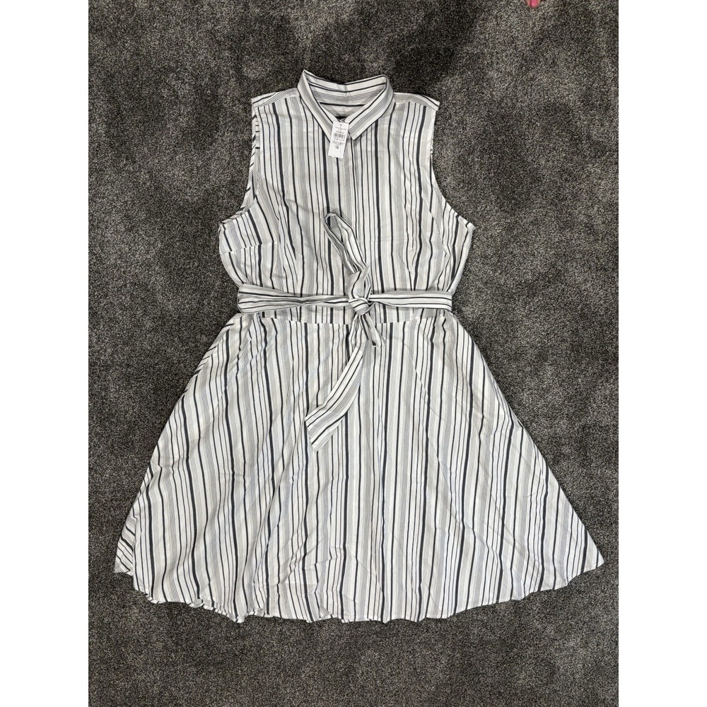 Ann Taylor White Black Striped Button Sleeveless Dress Tie Belt Zip 16 XL ~ NEW